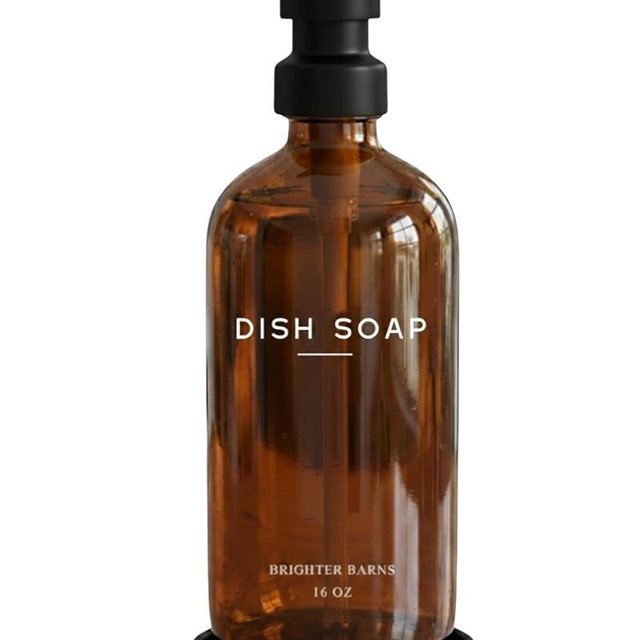 Amber Glass Dish Soap Dispenser for Kitchen Sink by Brighter Barns - Kitchen Soap Dispenser Set with Pump & Tray - Refillable Glass Bottle for Liquid - Modern Home Decor for Airbnb, Restaurant (Amber)