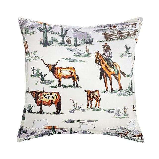 Paseo Road Ranch Life Euro Pillow Sham, 27x27 inch, Cowboy Cow Longhorn Horse Print, Southwestern Rustic Western Throw Pillow Cover