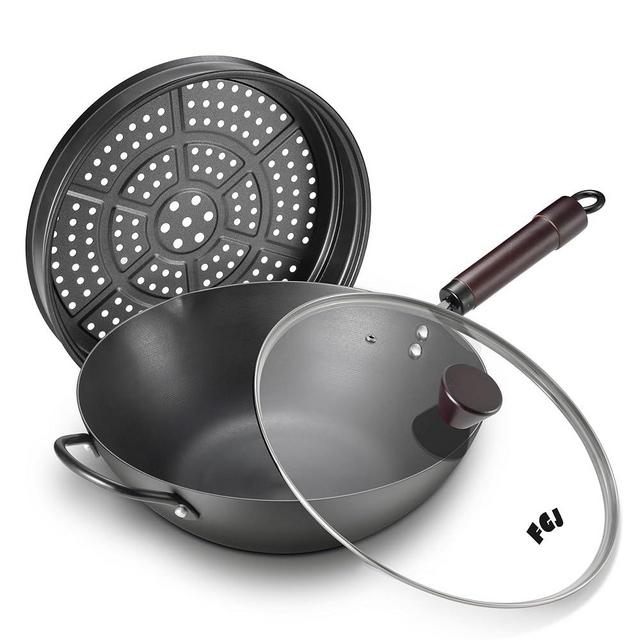 Wok, 13 Inch carbon steel woks with steamer & stir-fry pans nonstick, Pre-Seasoned 5.8QT Flat Bottom Chinese Wok Pan with lid, Carbon Steel Cookware, Compatible with All Cooktops