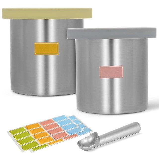Stainless Steel Pints and Lids Replacement for Ninja Creami Containers, Compatible with Ninja Creami Ice Cream Maker NC300, NC301, NC299AMZ Series – 2 Pack 16 oz, Includes Writable Color Labels