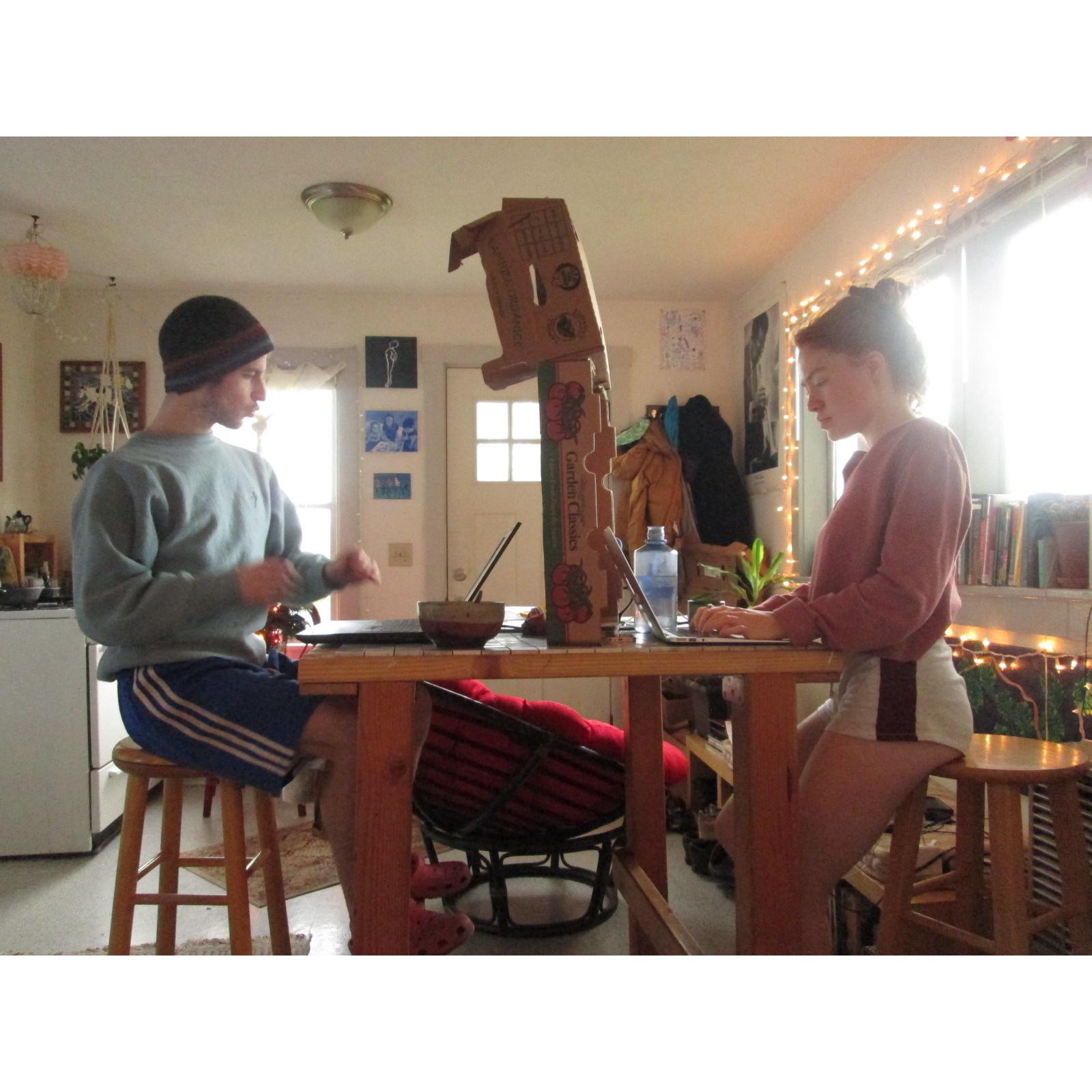 We built a cardboard wall between us when we had to do our online schooling. This way we were less distracted.... our house was a little small.