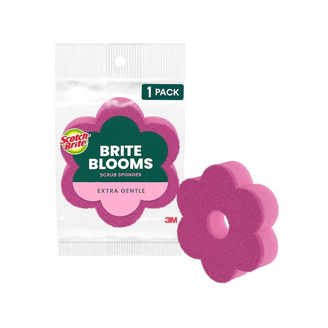 Scotch-Brite Brite Blooms Extra Gentle Scrub Sponge, Dishwasher-Safe Kitchen Sponge for Cleaning Delicate Surfaces, Pink Spring Flower Dish Sponges Made with 100% Recycled Fibers