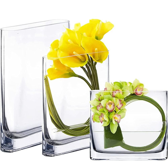 CYS EXCEL Set of 3 pcs Glass Rectangle Vases (Height-6", 8", 10")| Round Edge Oval Flower Block Vase | Rectangular Modern Wedding Centerpiece Vase