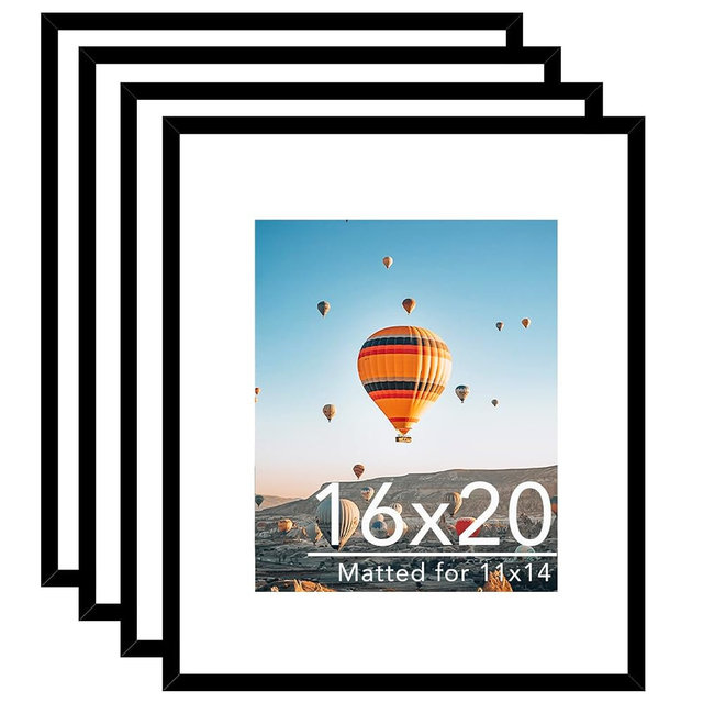 JCJMY 16x20 Picture Frame Set of 4 with 11x14 Mat, Display Photo 11x14 with Mat or 16 x 20 Without Mat, Wall Hanging Large 16 by 20 Poster Frame with Plexiglass, 4 Pack, Black
