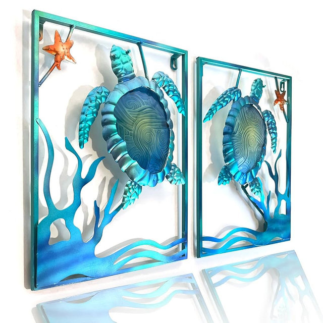LIFFY Metal Sea Turtle Beach Themed Bathroom Wall Art Decor with Frame-Outdoor Wall Art with LED Fairy Lights, Fish Glass Art Wall Sculpture for Patio,Beach,Garden,Yard,Pool,home gift(2pcs, Blue)