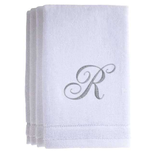 Monogrammed Towels Fingertip, Personalized Gift, 11 x 18 Inches - Set of 4- Silver Embroidered Towel - Extra Absorbent 100% Cotton- Soft Velour Finish - For Bathroom/ Kitchen/ Spa- Initial R (White)