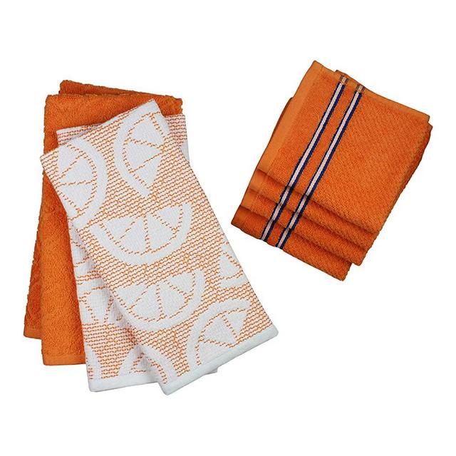 Freshee 100% Cotton 8 Piece Orange Assorted Kitchen Towel and Dishcloth Set with Antimicrobial Odor Protection