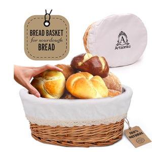Large Wicker Bread Basket with Removable Linen Liner and Cover - Handmade Rattan Bread Serving & Storage Basket 12"x9" Keeps Bread Warm & Fresh - Perfect Housewarming Gift