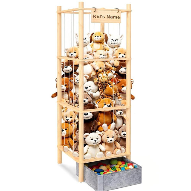 WORLDMX Stuffed Animal Storage with Toys Tray, 57In Large Wooden Stuffy Plushies Storage Holder Extra Large Capacity Stuffed Animals Zoo Organizer for Toddler Rooms, Playrooms & Bedrooms