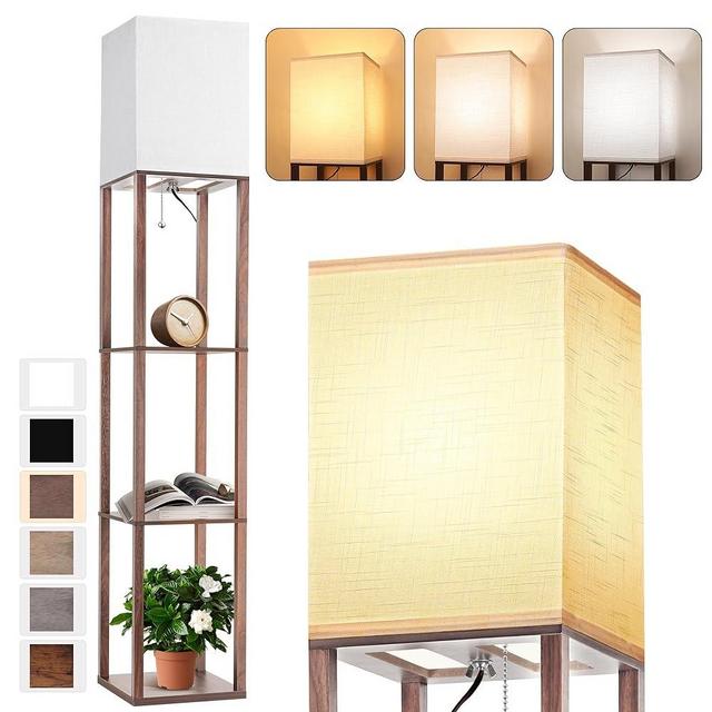 Floor Lamp with Shelves for Living Room Walnut Brown, Shelf Floor Lamp with 3 CCT LED Bulb, Corner Display Standing Column Lamp Etagere Organizer Tower Nightstand with White Linen Shade for Bedroom