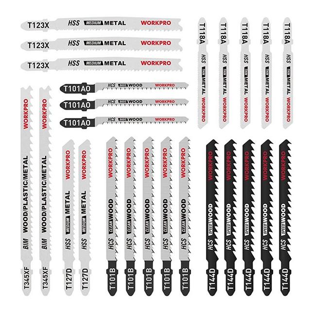WORKPRO 25-piece T-Shank Jig Saw Blade Set with Storage Case, Made with HCS/HSS/BIM, Assorted Blades for Wood, Plastic and Metal Cutting