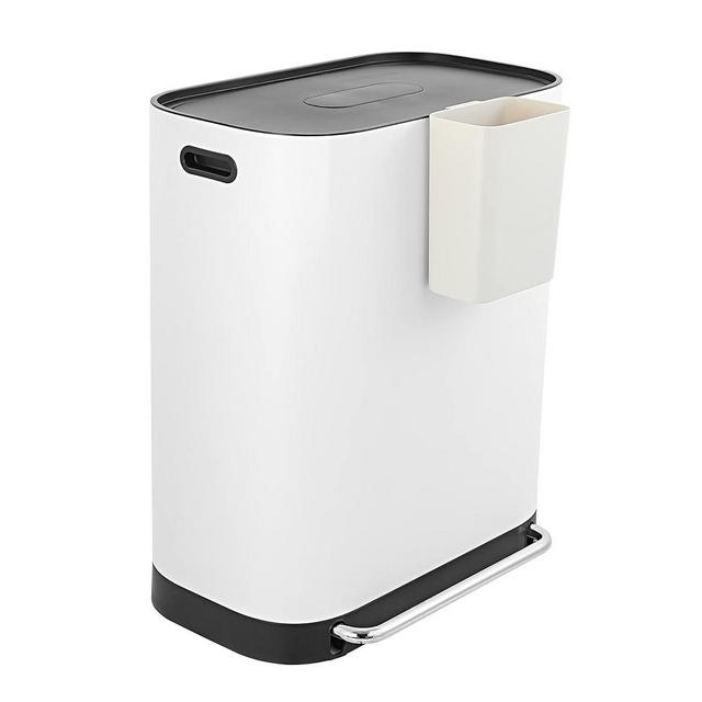happimess HPM1014C Beni Kitchen 16-Gallon Double-Bucket Step-Open Trash Can with Soft-Close Lid, Modern, Minimalistic, Fingerprint Proof for Home, Kitchen, Laundry Room, Office, Bathroom, White