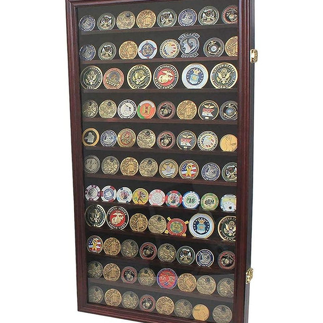 DisplayGifts Military Challenge Coin Display Case Poker Chips Holder Wall Cabinet Showcase Rack Stand Mahogany Finish