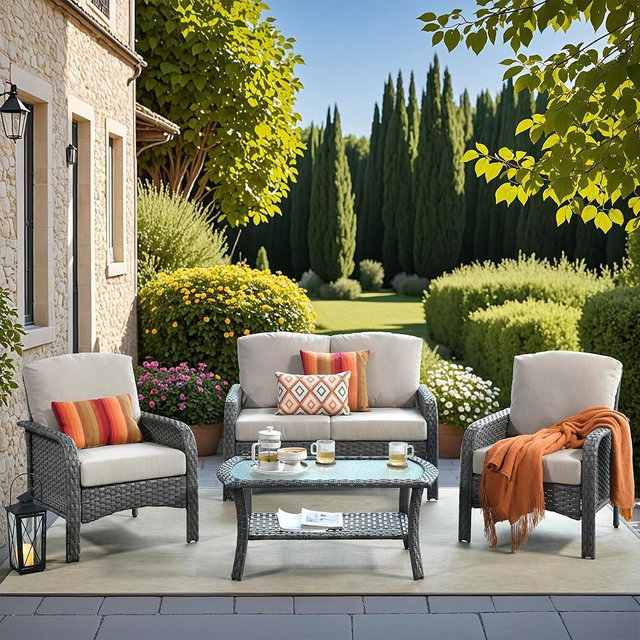 POUUIN 4 Pieces Wicker Patio Furniture - All-Weather PE Wicker Outdoor Conversation Bistro Set Loveseat Chairs with Table,Outdoor Rattan Sofa Chair High Back Deep Seating,Beige
