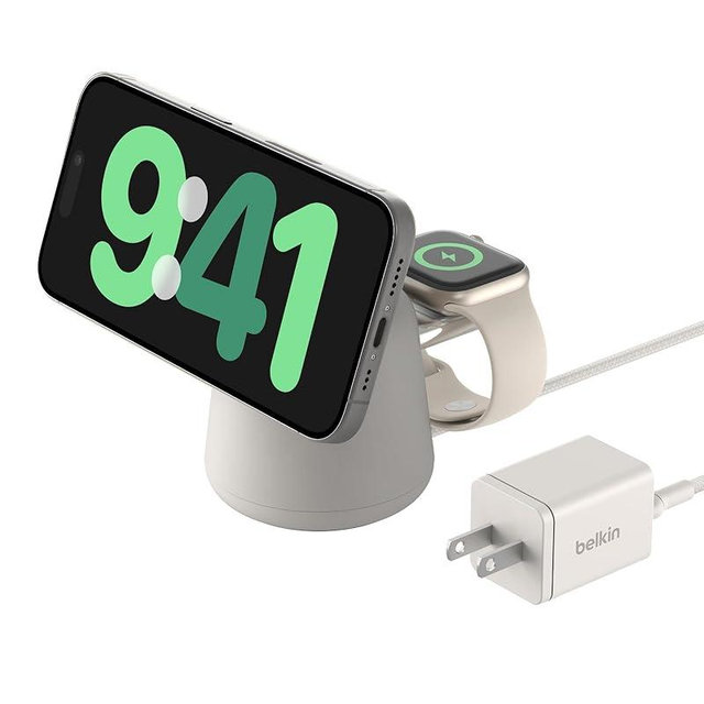 Belkin 2-in-1 Qi2 Wireless Charging Dock 15W Fast Charge iPhone Charger Compatible with iPhone 17, 16, 15, 14, and 13 Series, AirPods, and Other Qi2 Enabled Devices, Includes Power Supply - Sand