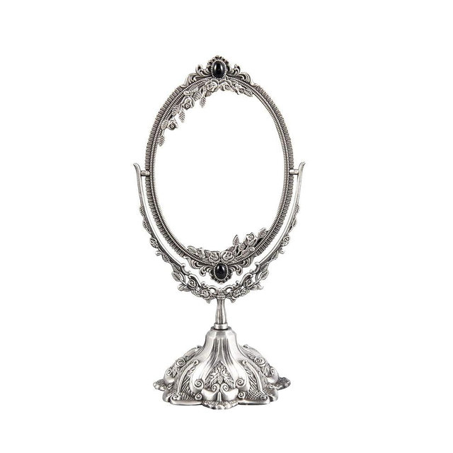 Feyarl Small Vintage Makeup Mirror Floral Tabletop Oval Vanity Mirror with Stand Dressing Room Swivel Double Sided Elegant Decorative Mirror Embossed Frame (Pewter)