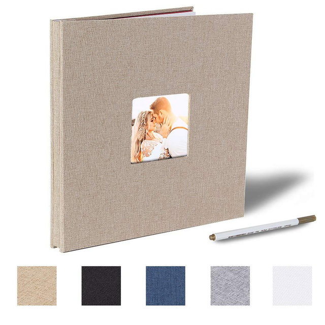 Self Adhesive Photo Album Magnetic Scrapbook Album 40 Magnetic Double Sided Pages Fabric Hardcover DIY Photo Album Length 11 x Width 10.6 (Inches) with A Metallic Pen (Khaki)