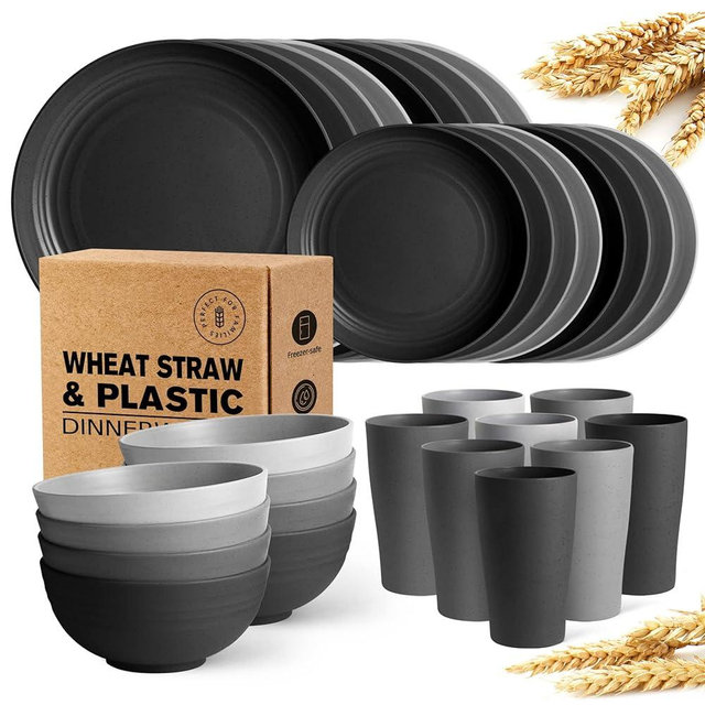 Teivio 32-Piece With Flatware Kitchen Plastic Wheat Straw Dinnerware Set, Service for 8, Dinner Plates, Dessert Plate, Cereal Bowls, Cups, Unbreakable Plastic Outdoor Camping Dishes, Gray Ombre