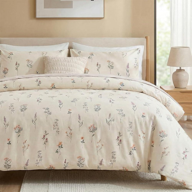 Cozaline Cream Duvet Cover Set King Size 100% Washed Cotton Linen Like Textured Comforter Cover 3 Pcs Luxury Soft and Breathable Floral Duvet Cover with Zipper Closure