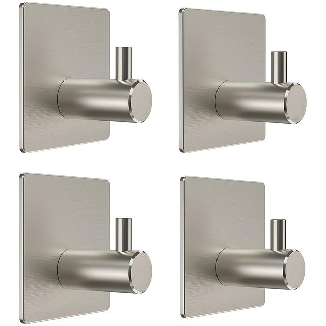 SAYONEYES Brushed Nickel Self Adhesive Towel Hooks for Bathroom Wall Door Mounted - SUS304 Stainless Steel Strong Strips Stick on 3M Wall Hooks for Hanging Coat, Hat, Bag, Key, Jacket – 4 Pack
