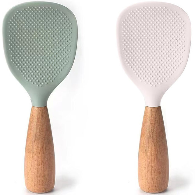 2Pcs Standing Silicone Rice Spoon and Cooking Spoon with Wooden Handle, Non stick Heat Resistant Anti-scalding Rice Scooper, Great for Cooking, Mixing, Scoop (Green & White)
