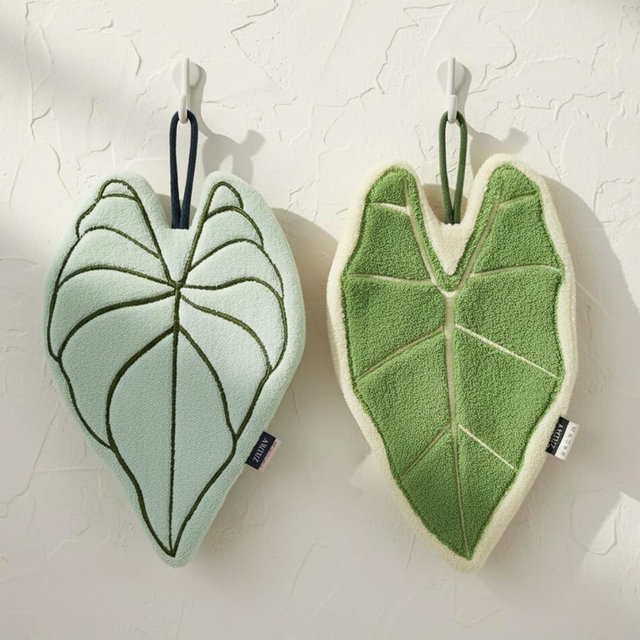 AMIUZ 2 Pack Leaf Shaped Hand Towel with Hanging Loop, Decorative Towels for Bathroom & Kitchen, Embroidered Towel Set for Plant Lovers, Botanical Fingertip Towel for Housewarming