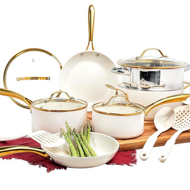 Gotham Steel 15 Pc Pots and Pans Set Non Stick Cookware Set, Pot and Pan Set, Kitchen Cookware Sets, Ceramic Cookware Set, Nonstick Cookware Set, Pot Set, Dishwasher Safe, Non Toxic, Cream White