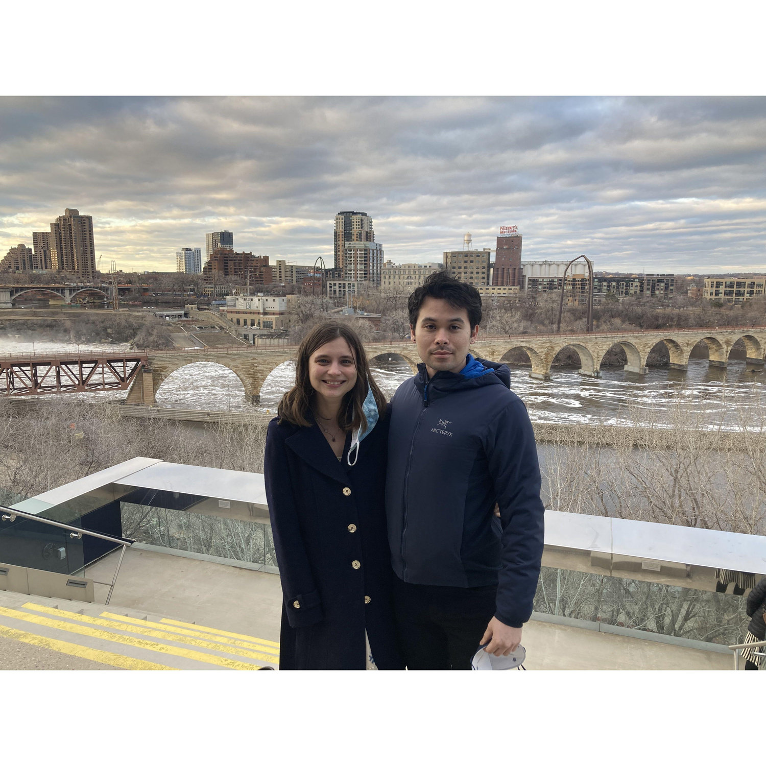 Taking in the Stone Arch Bridge during the intermission of The Tempest, at Guthrie Theater.