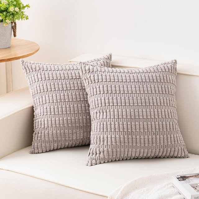Aegero Pack of 2 Corduroy Decorative Throw Pillow Covers 18x18 Inch Soft Striped Pillow Covers Modern Farmhouse Home Decor for Sofa Living Room Couch Bed（Silver Gray）