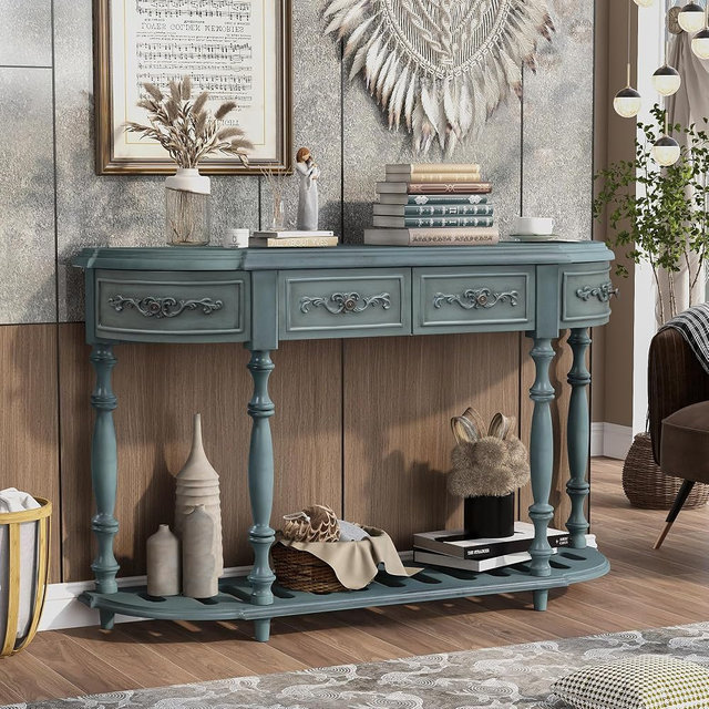 Knocbel Vintage Entry Console Table with 4 Storage Drawers and Open Slatted Shelf, Entryway Hallway Foyer Sofa Table with Legs, Easy Assembly (Antique Blue)