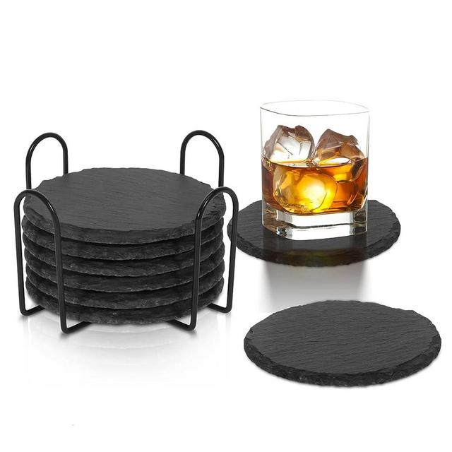 Handmade Slate Stone Coasters for Drinks - Set of 8 - Black Drink Coasters with Holder - Non-Slip Cup Mat Anti-Scratch Table Coaster Set for Bar, Coffee Table, Kitchen, Home Decor