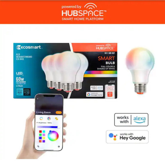 EcoSmart 60-Watt Equivalent Smart A19 E26 Base Color Changing CEC LED Light Bulb with Voice Control (4-Bulb) Powered by Hubspace 12A19060WRGBWH4