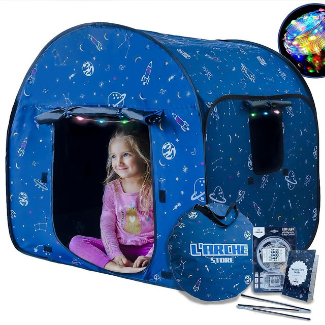 L’ARCHE Sensory Tent for Kids with LED Lights & Remote Blackout Pop-Up Calm Down for Autism, ADHD & SPD Indoor Sensory Room & Play Tent Foldable & Portable (Space Theme, Regular 35.4 in)