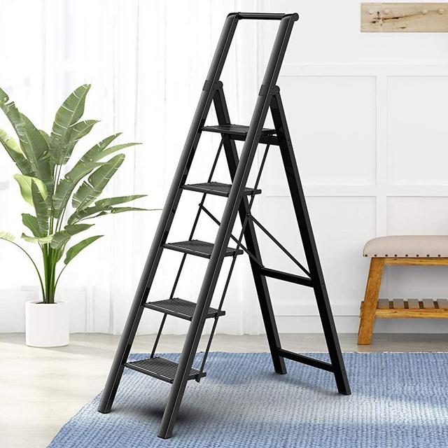 5 Steps Lightweight Aluminum Ladder Folding Step Stool Stepladders with Anti-Slip and Wide Pedal for Home and Kitchen Use Space Saving (Black)