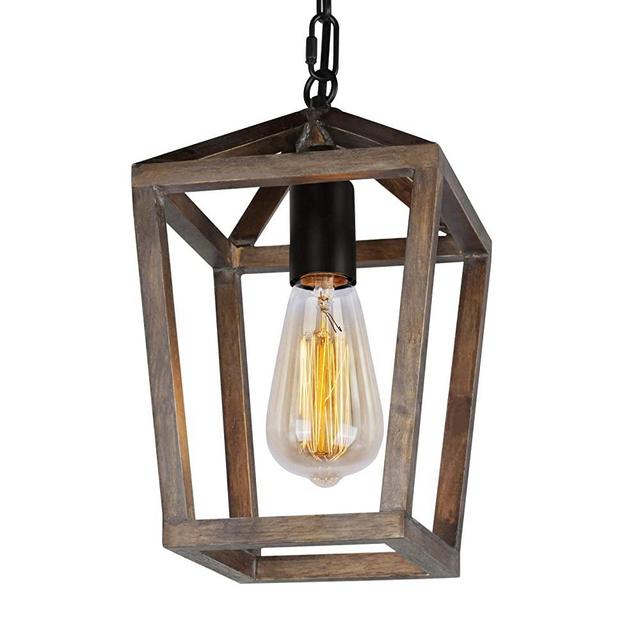 JHLBYL Rustic Chandelier 1-Light, Adjustable Height Wood Cage Pendant Light Farmhouse Chandelier Lighting Fixture for Dining Room Kitchen Hallway and Entryway