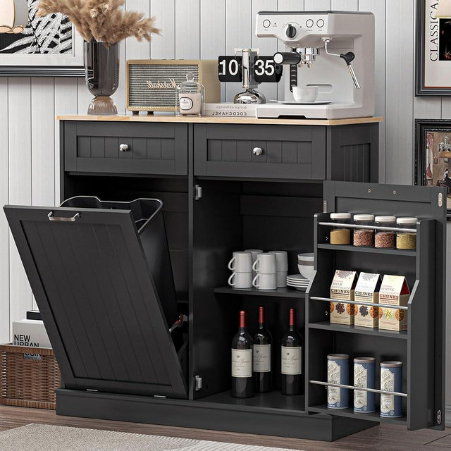 Spurgehom 13 Gallons Tilt Out Trash Can Cabinet Hidden Kitchen Trash Cabinet Freestanding Recycling Pantry with Hideaway Drawers Pet Proof Trash Bin Holder for Kitchen Living Room, Black