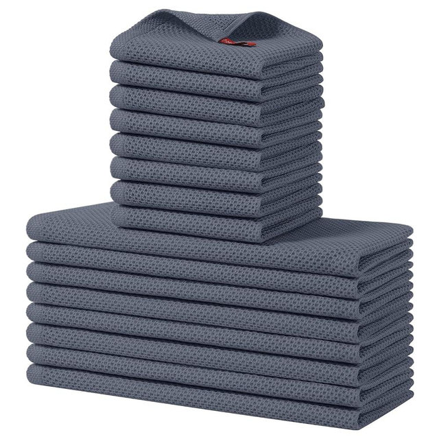 Homaxy 100% Cotton Kitchen Towels and Dishcloths Set, 12 x 12 Inches and 13 x 28 Inches, Set of 16 Bulk Kitchen Towels Set, Ultra Soft Absorbent Dish Cloths for Washing Dishes, Dark Grey