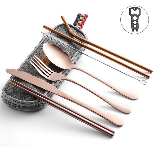 Travel Utensils, Sunhanny Reusable Utensils with Case, Travel Camping Cutlery Set, Portable Flatware including Knife Fork Spoon Chopsticks Cleaning Brush Straws, Multi-Tool, Dish Cloth (Rose Gold)
