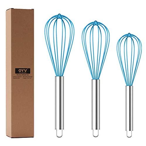 OYV Whisk, Whisks for Cooking Silicone Mini Whisk 3 Pack Sturdy Colored Balloon Egg Beater for Blending Whisking Beating Stirring Cooking Baking (blue)