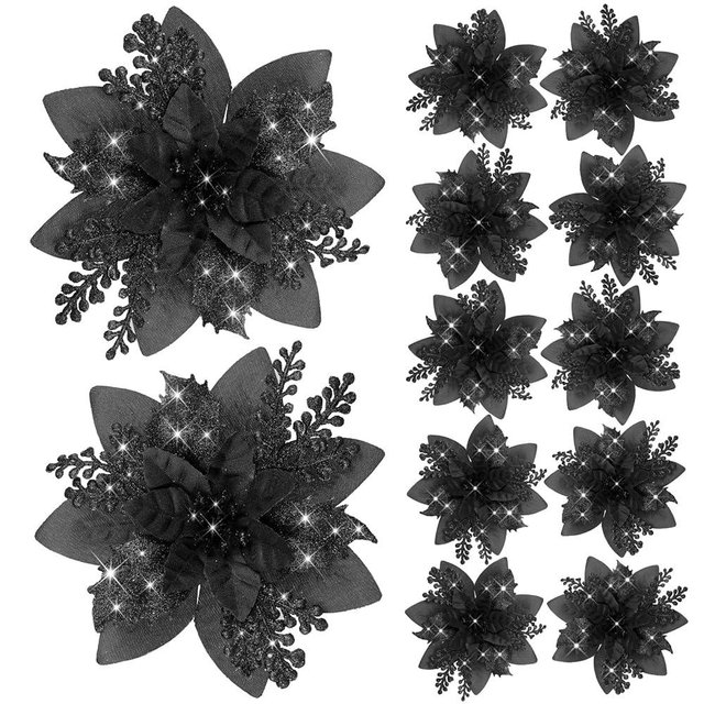 Canlierr 12 Pieces 5.7 Inch Christmas Poinsettia Flower Christmas Glitter Artificial Flower with Clip Xmas Tree Ornament for Home Wreath Garland Party Decor (Black)