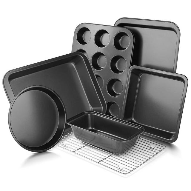EWFEN Bakeware Sets, Baking Pans Set, Nonstick Oven Pan for Kitchen with Wider Grips, 7-Piece with Round/Square Cake Pan, Loaf Pan, Muffin Pan, Cookie Sheet, Roast Pan, Cooling Rack, Carbon Steel Bake
