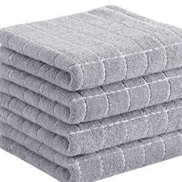 Homaxy 100% Cotton Terry Kitchen Towels(Light Grey, 13 x 28 Inches), Checkered Designed, Soft and Super Absorbent Dish Towels, 4 Pack