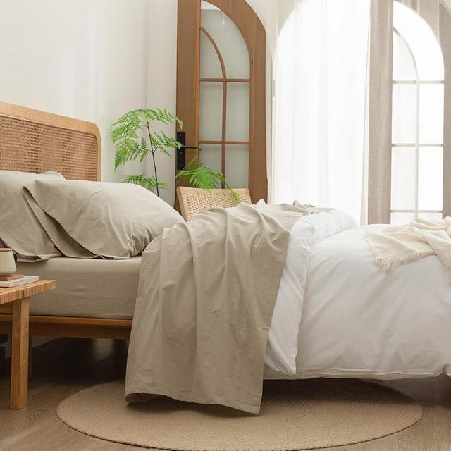 BESTOUCH Sheet Set 100% Washed Cotton Linen Feel Super Soft Comfortable Chic Lightweight 4 Pcs Home Bedding Set Solid Almond Milk Grey Queen
