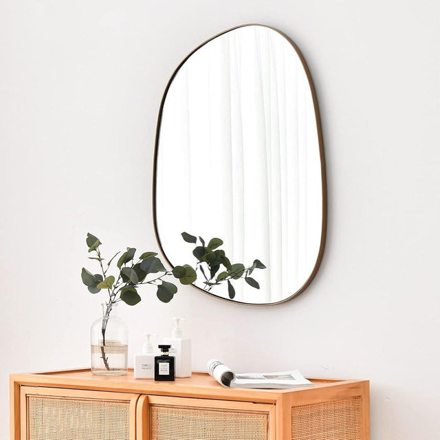 ELEHUME Asymmetrical Mirror for Wall Decor 20"*25", Modern Brass Framed Wall Mirror for Living Room Bathroom Bedroom Entryway ELE-STOU-0066G