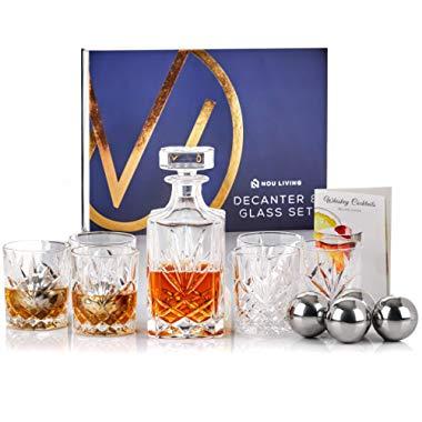 13 Piece Whiskey Decanter and Glass Set | Premium Lead Free Crystal Whiskey Decanter Set with Whiskey Glasses and Stainless Steel Ice Cubes | Classic Liquor Decanter Set for Whisky, Scotch or Bourbon