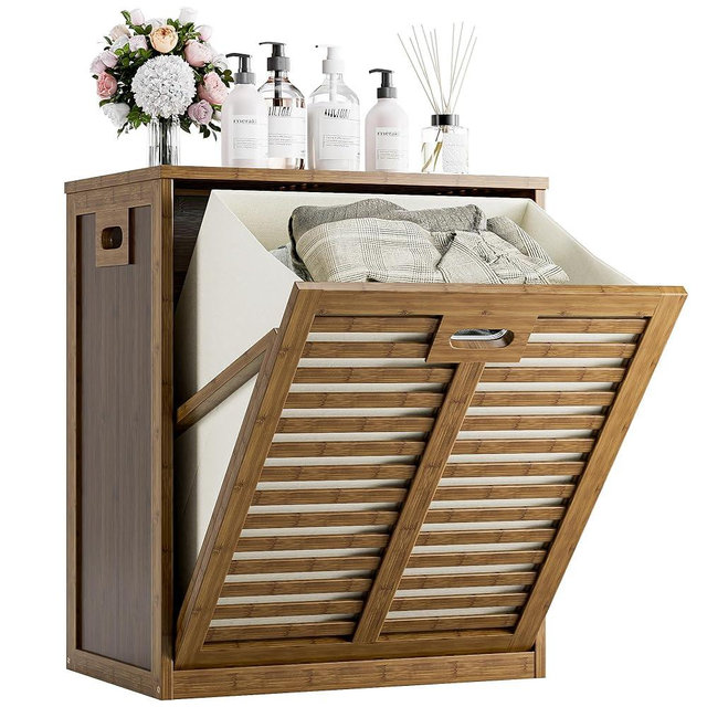HITNET Bamboo Tilt Out Laundry Hamper, Bathroom Storage Cabinet with Hidden Removable Basket and 3 Sides Cutout Handles, Freestanding Kitchen Trash Can Cabinet, Walnut