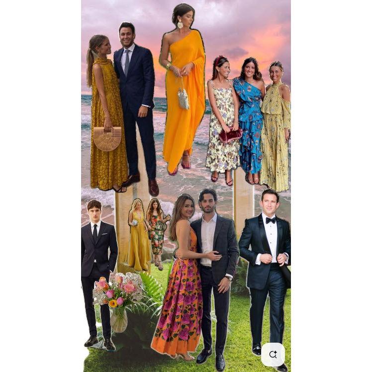 Examples of men and women's black tie optional attire for the wedding.