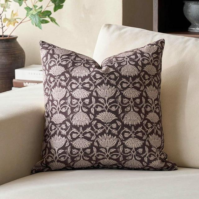 DOMVITUS Floral Pillow Covers 18x18 Decorative Throw Pillow Covers Floral Block Print Farmhouse Vintage Pillow Cover for Living Room Couch Bed Dark Brown 1PC