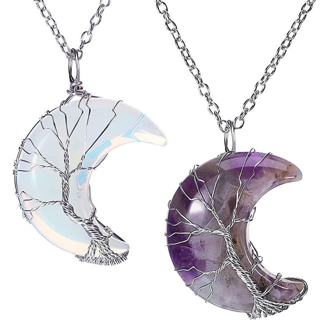 2 Pieces Tree Life Crescent Moon Necklace Wire Wrap Gemstones Healing Crystal Pendant Necklace Quartz Jewelry for Women