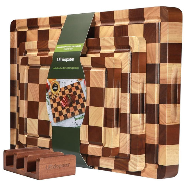 Checkerboard Cutting Board 3-PC Set, Solid Wooden Chopping Board, Acacia Wood Cutting Board for Kitchen with Holder with Deep Juice Grooves & Built-in Handles, for Meat, Vegetables and Fruits